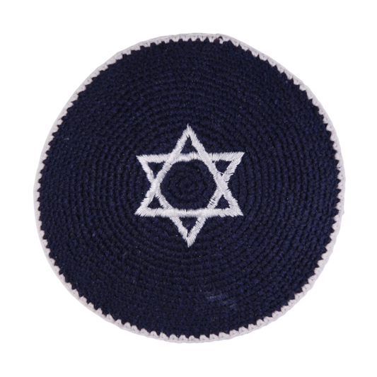 Knited Dark Blue Kippah with White Magen David