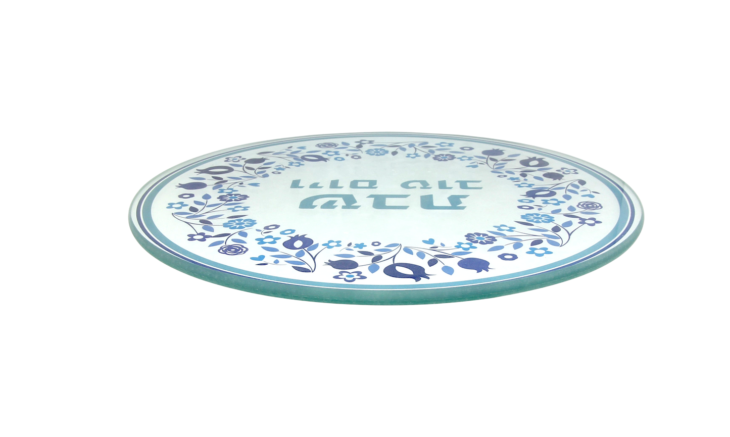 Glass challah tray with blue pomegranate design, Judaica – Prague Judaica. - Default Title - Prague Judaica