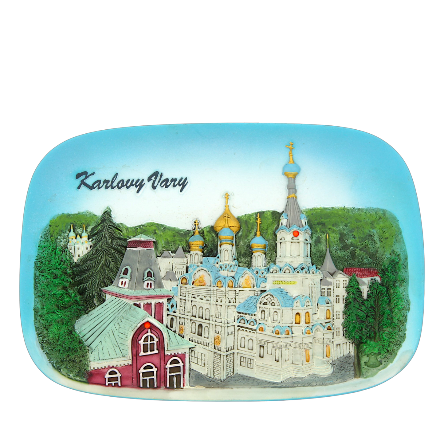 Keramická kachle - Reliéf pravoslavného kostela sv. Petra a Pavla v Karlových Varech