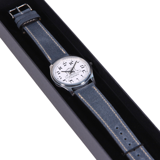 Mens Altneu Hebrew Backwards Watch - Blue Grey Leather