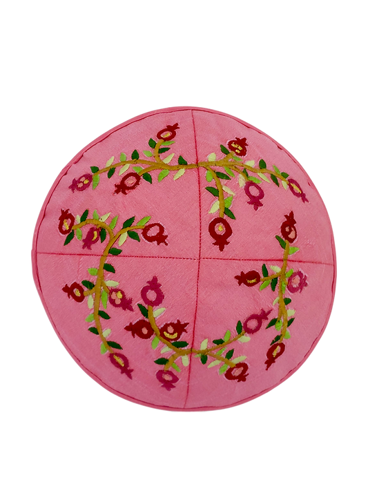 Kippah Emanuel - Embroidered - Pomegranates - Pink