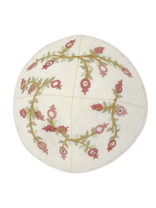 Kippah Emanuel - Embroidered - Pomegranates - White
