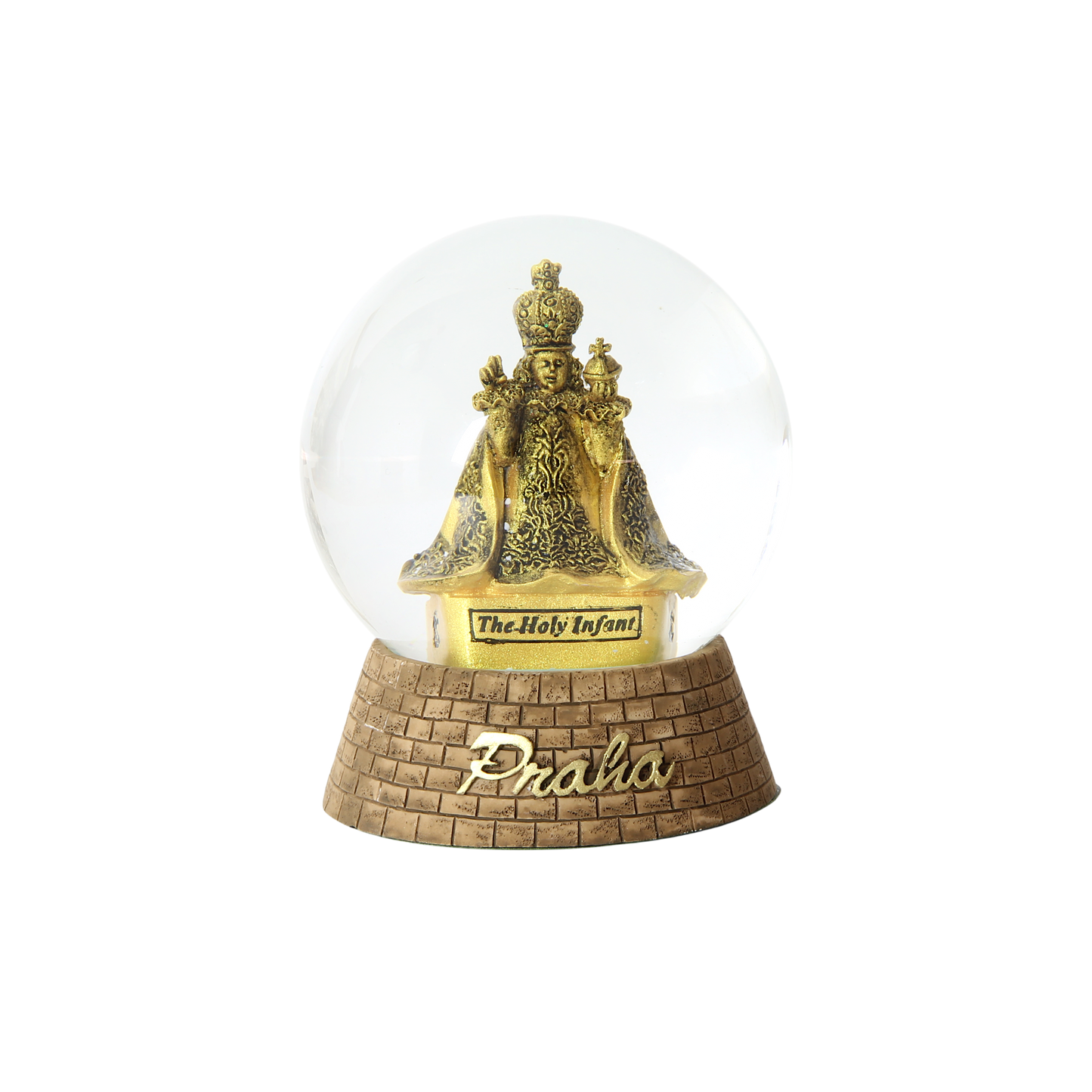 Snow globe featuring Infant Jesus of Prague figurine with gold detailing – Prague Judaica. - Large - Prague Judaica