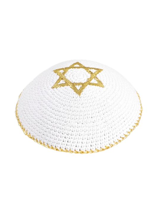 Knited White Kippah with Silver Magen David