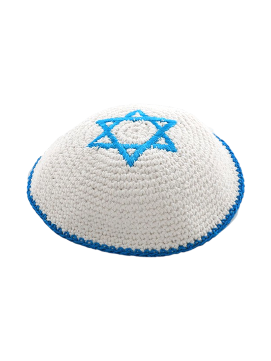 Knited White Kippah with Silver Magen David