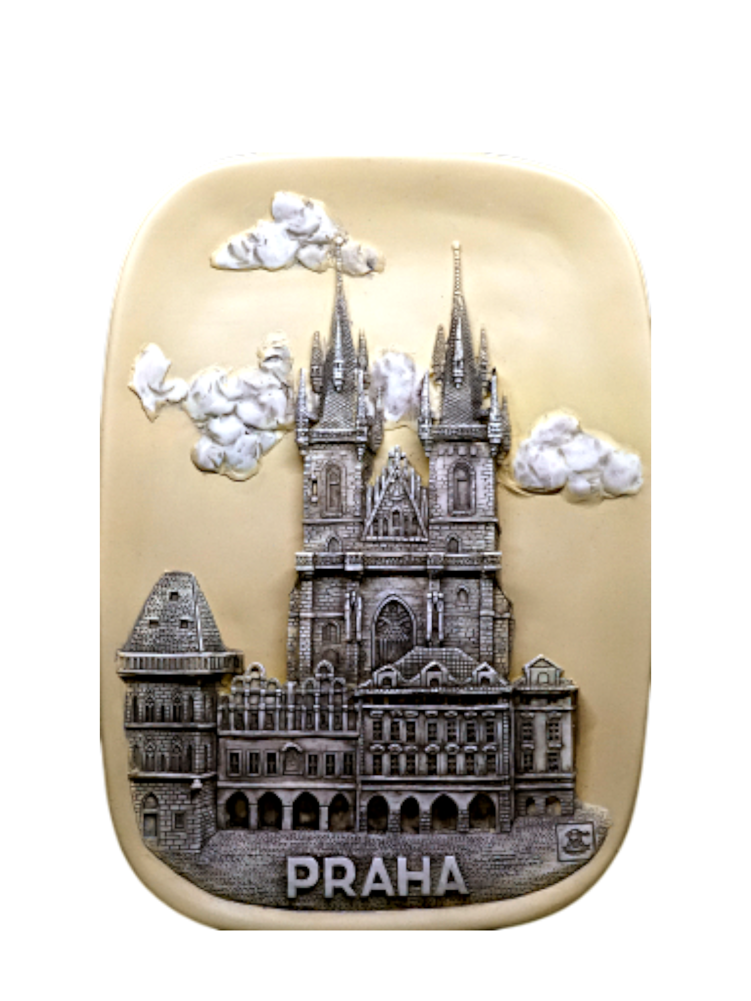 Rectangular beige ceramic tile featuring a detailed raised depiction of Prague's Church of Our Lady before Týn with two tall - Daily - Prague Judaica