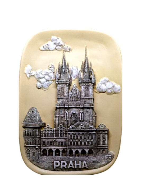 Rectangular beige ceramic tile featuring a detailed raised depiction of Prague's Church of Our Lady before Týn with two tall - Daily - Prague Judaica