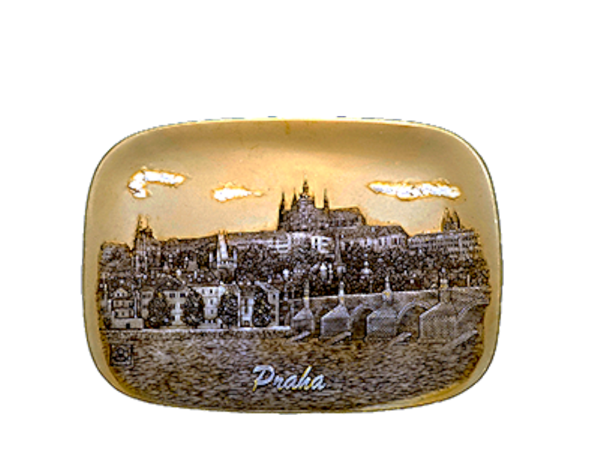 Ceramic tile with Prague Castle relief in gold tones – Prague Judaica. - Daily - Prague Judaica