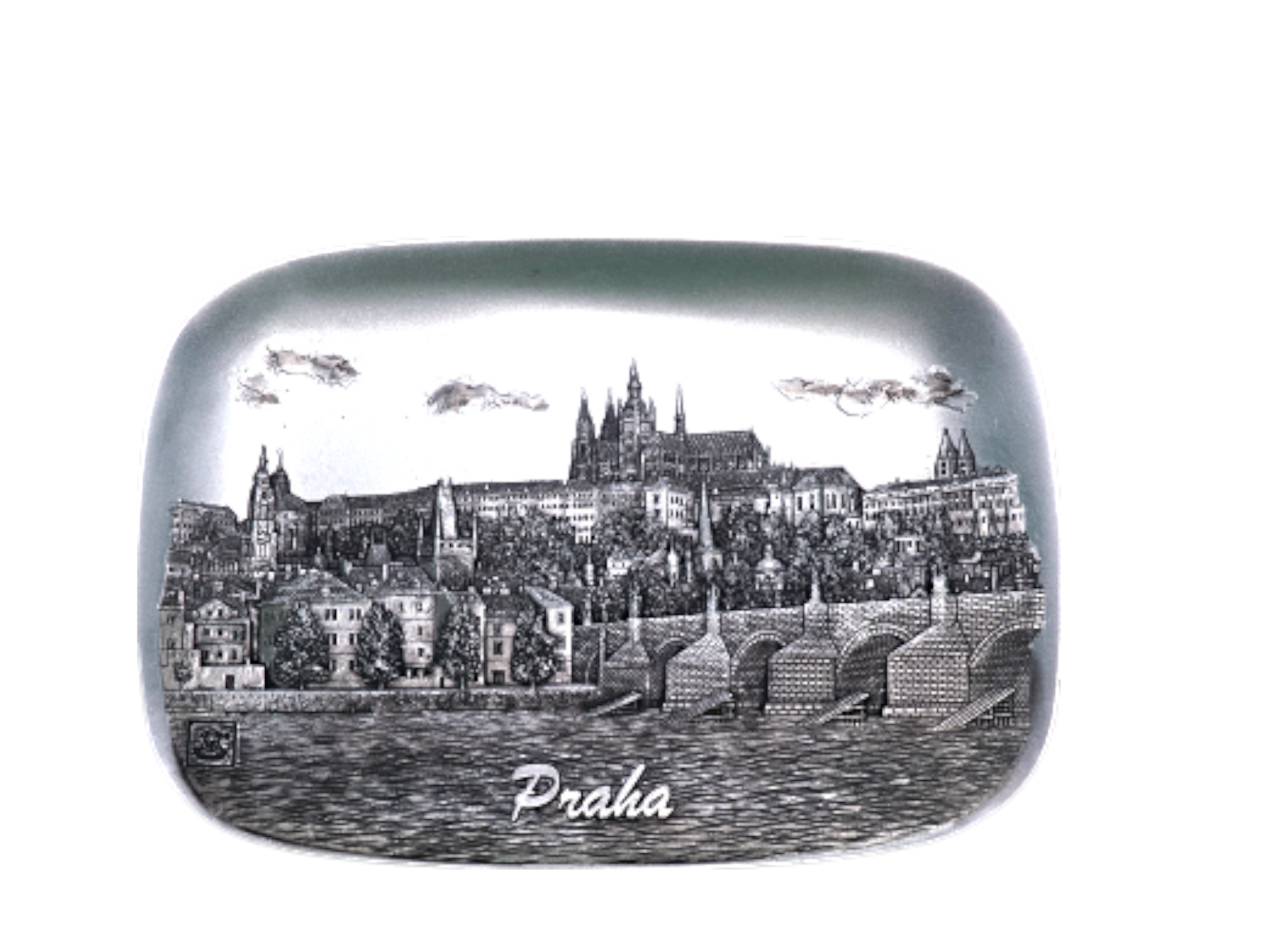 Rectangular ceramic tile featuring a detailed black and white relief of Prague Castle and Charles Bridge under a cloudy sky, - Daily - Prague Judaica