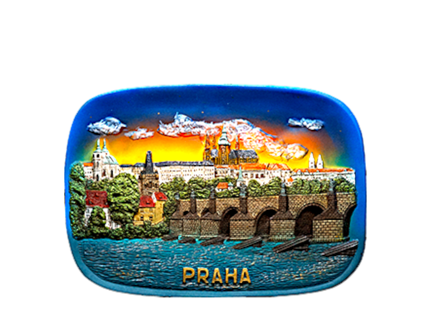 Rectangular ceramic tile featuring a colorful relief of Prague Castle and Charles Bridge against a vibrant blue sky with. - Daily - Prague Judaica