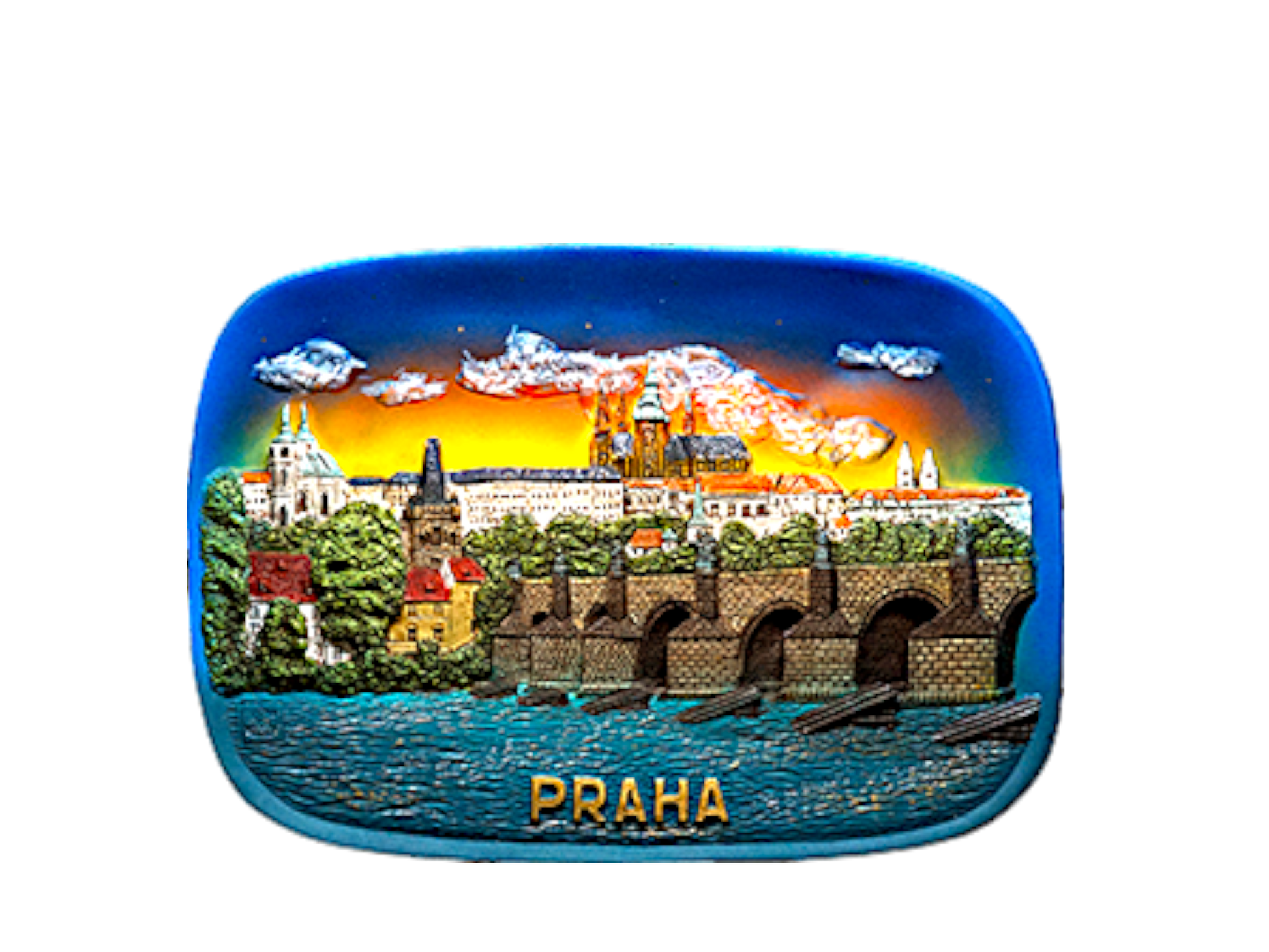 Rectangular ceramic tile featuring a colorful relief of Prague Castle and Charles Bridge against a vibrant blue sky with. - Daily - Prague Judaica