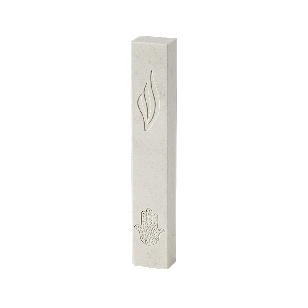 White Mezuzah with a Hamsa and Shin