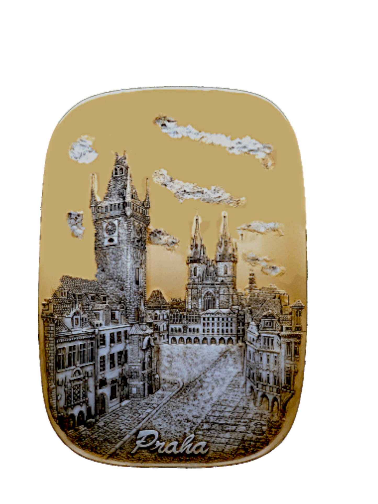 Ceramic tile with Old Town Square relief in gold tones – Prague Judaica. - Daily - Prague Judaica