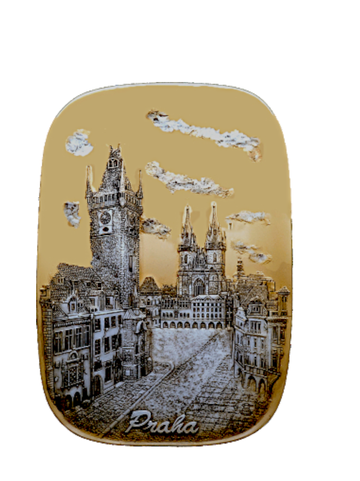 Ceramic tile with Old Town Square relief in gold tones – Prague Judaica. - Daily - Prague Judaica