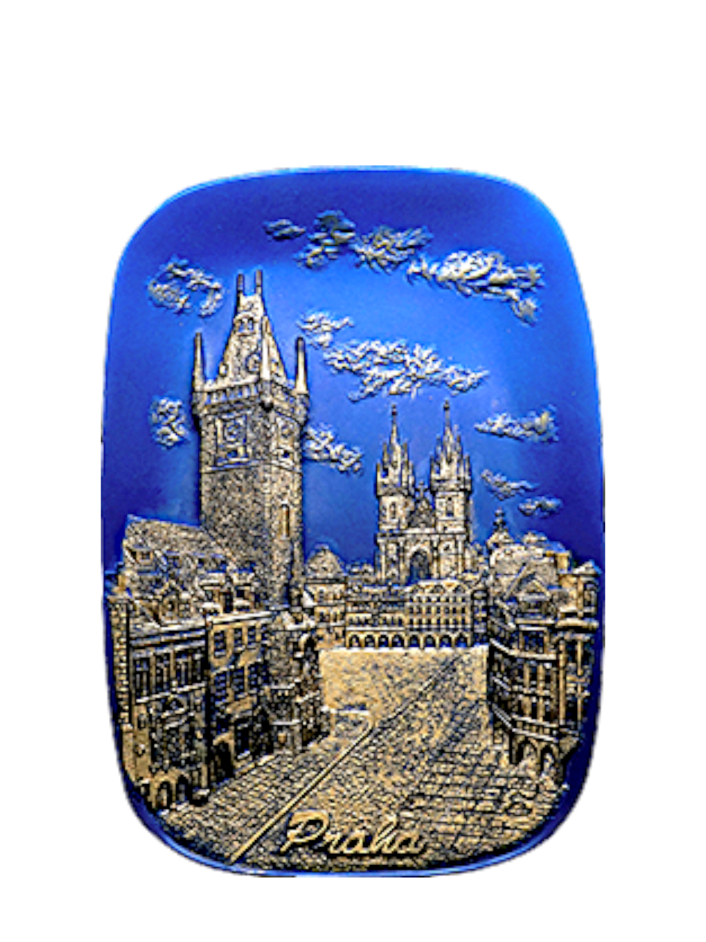 Blue ceramic tile with Old Town Square relief and gold accents – Prague Judaica. - Daily - Prague Judaica