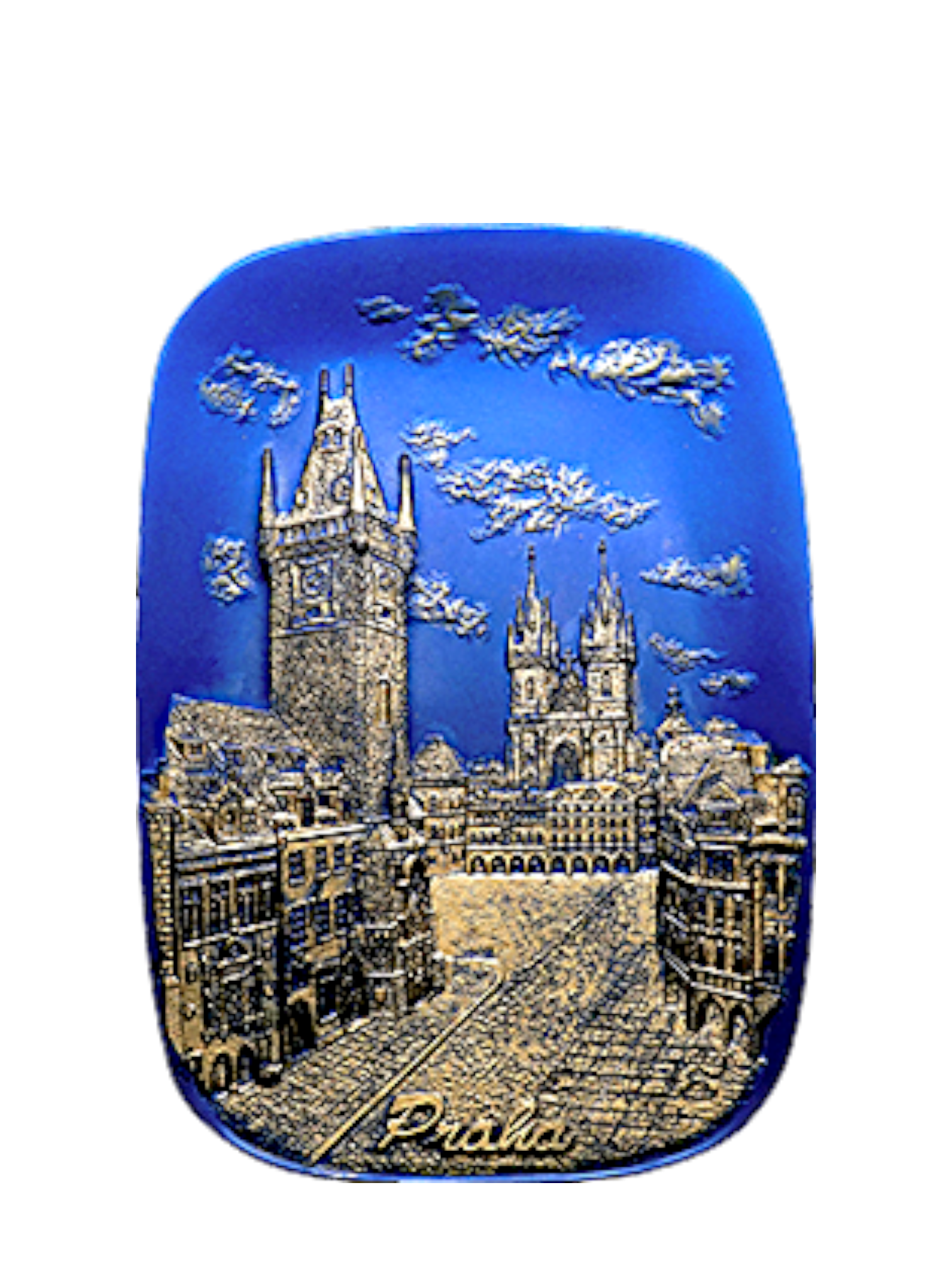 Blue ceramic tile with Old Town Square relief and gold accents – Prague Judaica. - Daily - Prague Judaica
