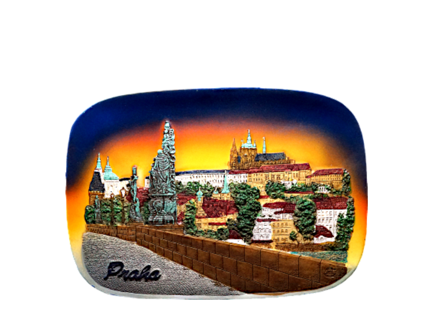 Rectangular ceramic tile with vibrant 3D relief of Prague Castle and Charles Bridge at sunset, featuring warm orange and. - Daily - Prague Judaica