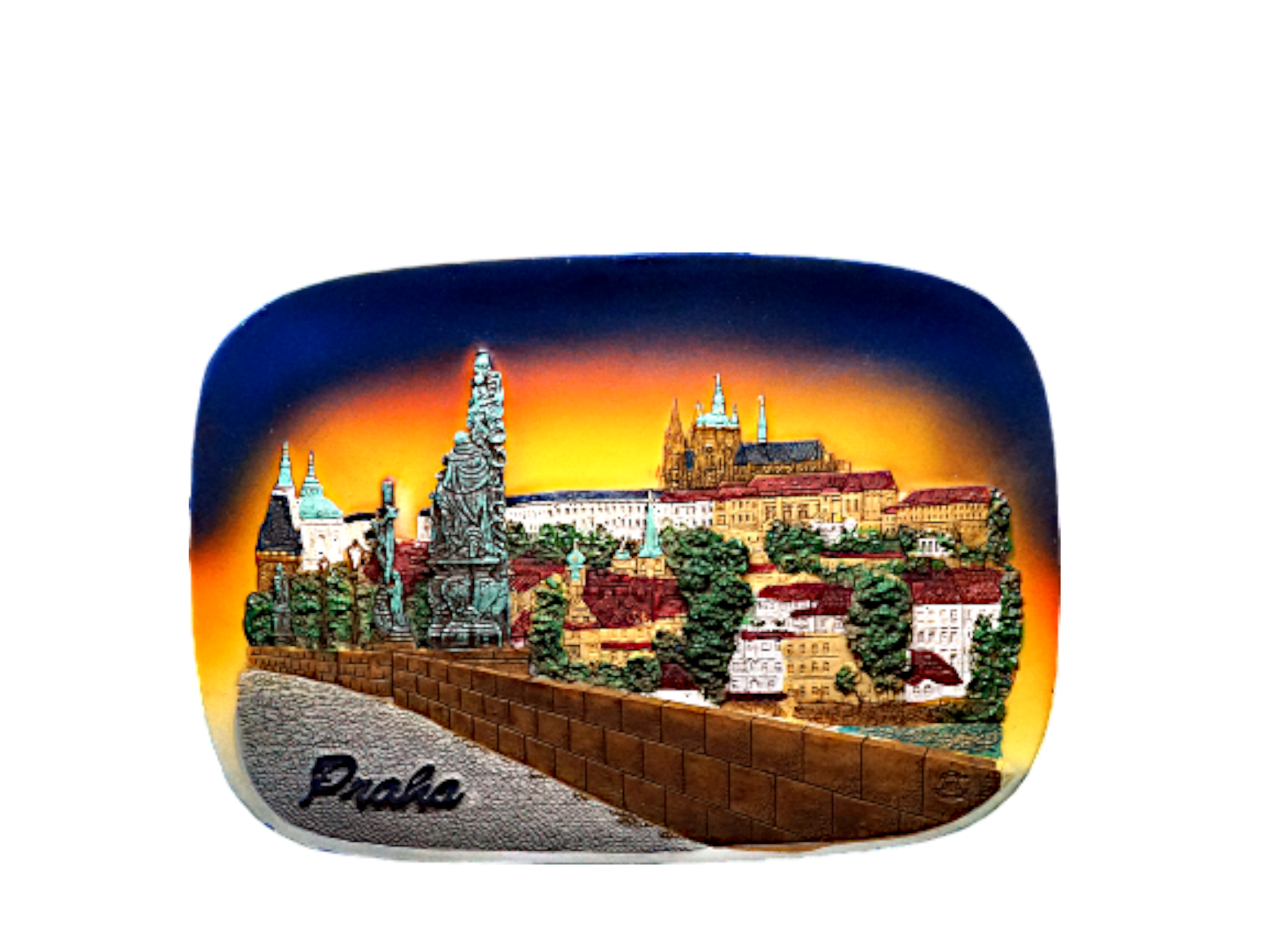 Rectangular ceramic tile with vibrant 3D relief of Prague Castle and Charles Bridge at sunset, featuring warm orange and. - Daily - Prague Judaica