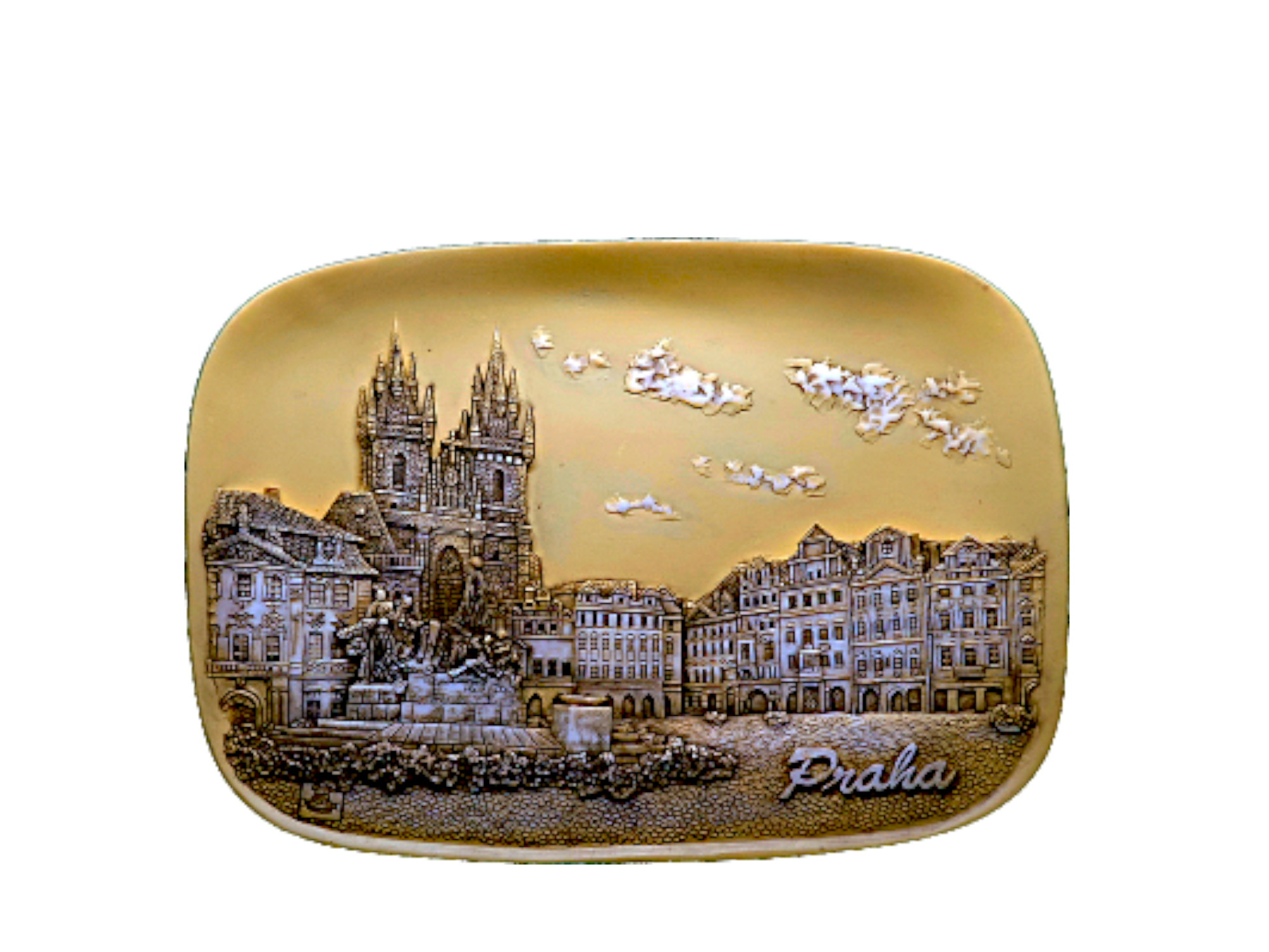 Rectangular ceramic tile with raised detailed relief of the Church of Our Lady before Týn in brown tones on a warm beige. - Daily - Prague Judaica