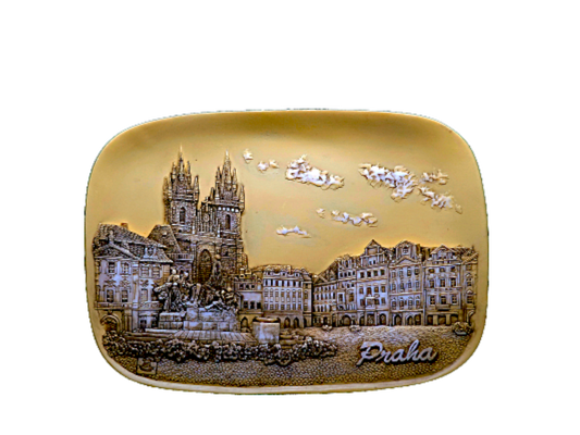 Rectangular ceramic tile with raised detailed relief of the Church of Our Lady before Týn in brown tones on a warm beige. - Daily - Prague Judaica