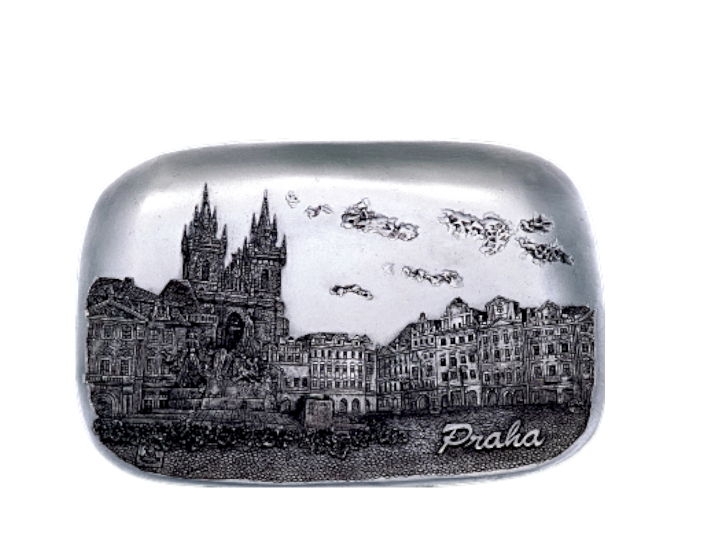 Rectangular ceramic tile featuring detailed black and white illustration of Church of Our Lady before Týn and surrounding. - Daily - Prague Judaica