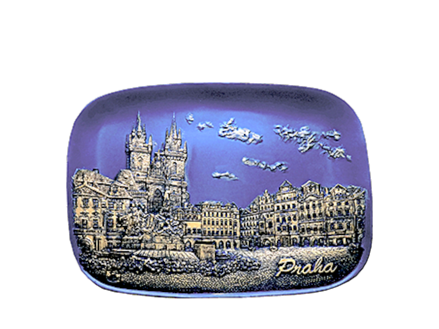 Rectangular ceramic tile with rounded edges featuring a detailed silver relief of Prague's Church of Our Lady before Týn. - Daily - Prague Judaica