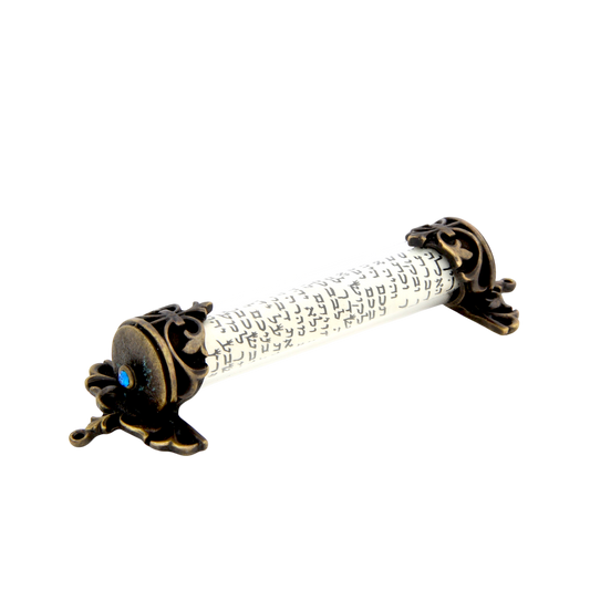Crystal Mezuzah Old Brass with Capri Blue