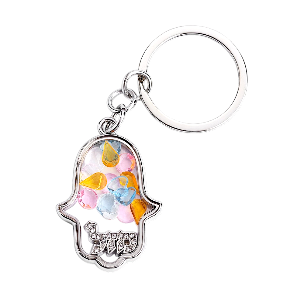 Silver Hamsa Shaker Keychain with Colorful Hearts and Crystals