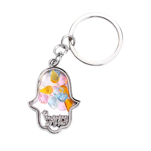 Silver Hamsa Shaker Keychain with Colorful Hearts and Crystals