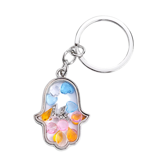 Silver Hamsa Shaker Keychain with Colorful Hearts and Crystals