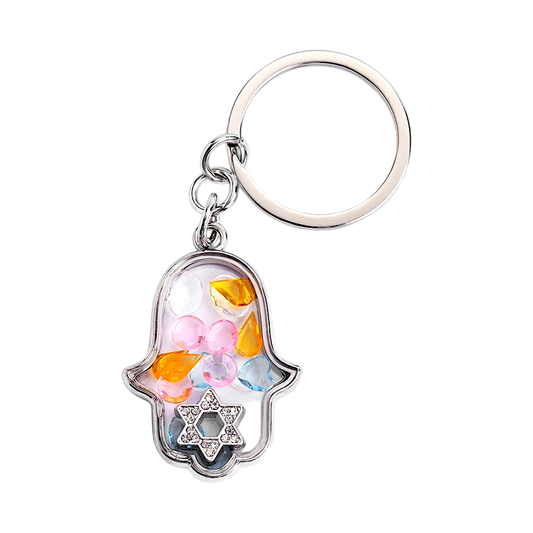 Silver Hamsa Shaker Keychain with Colorful Hearts and Crystals