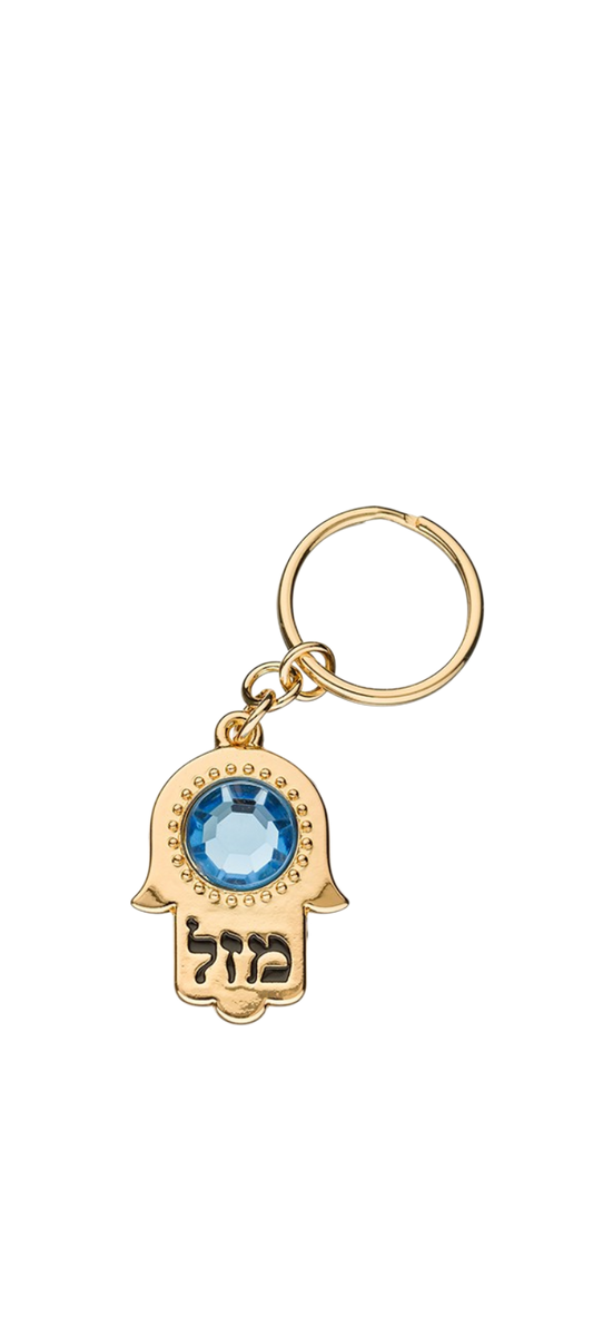 Gold Hamsa Keychain with Blue Gem, Inscription and Prayer