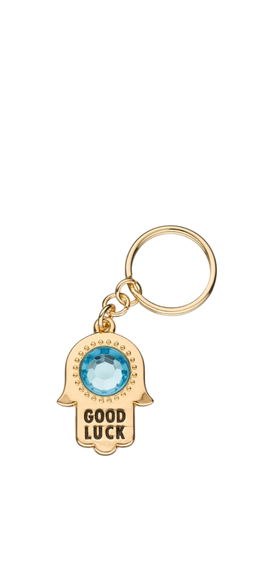 Gold Hamsa Keychain with Turquoise Gem, Inscription and Prayer
