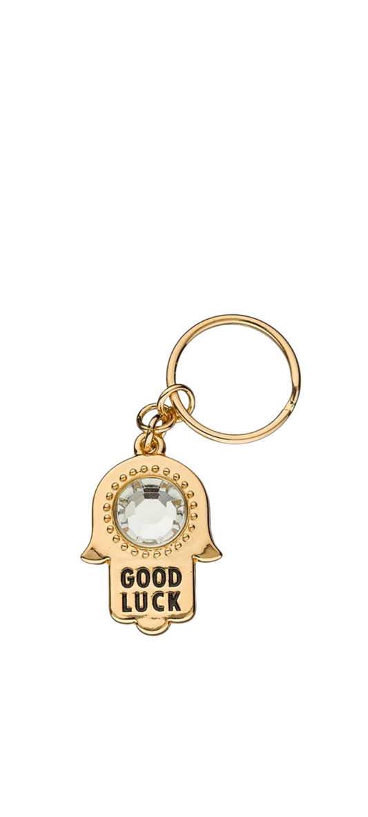 Gold Hamsa Keychain with Clear Gem, Inscription and Prayer