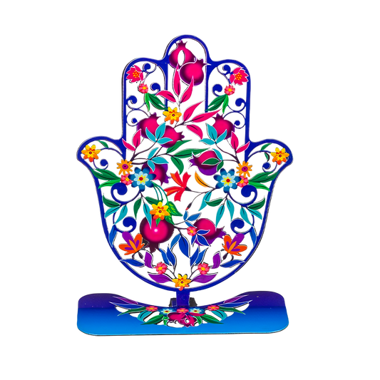 Metal Hamsa standing - Pomegranates and Flowers