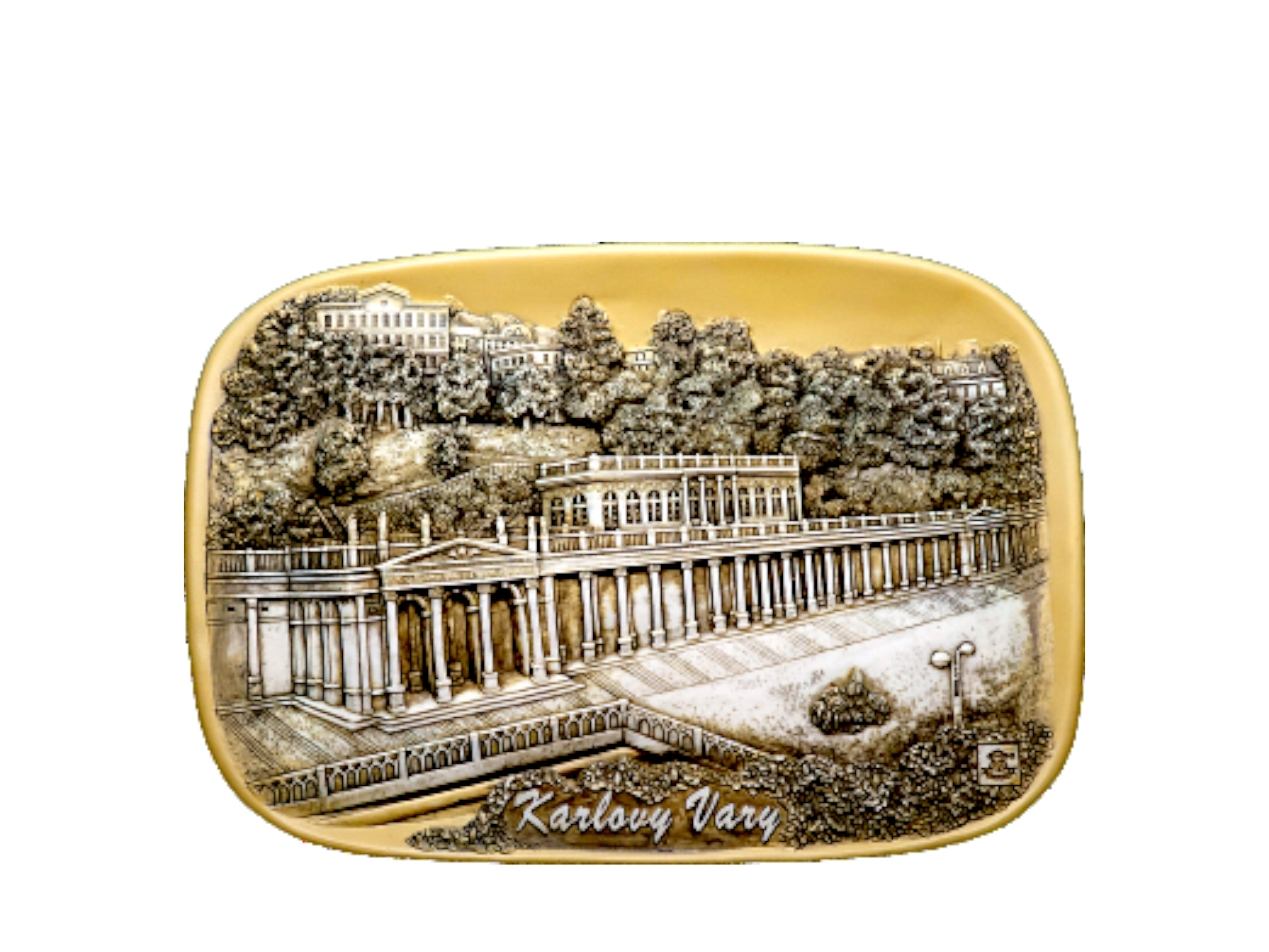 Ceramic tile with Mill Colonnade design in gold tones – Prague Judaica. - Daily - Prague Judaica