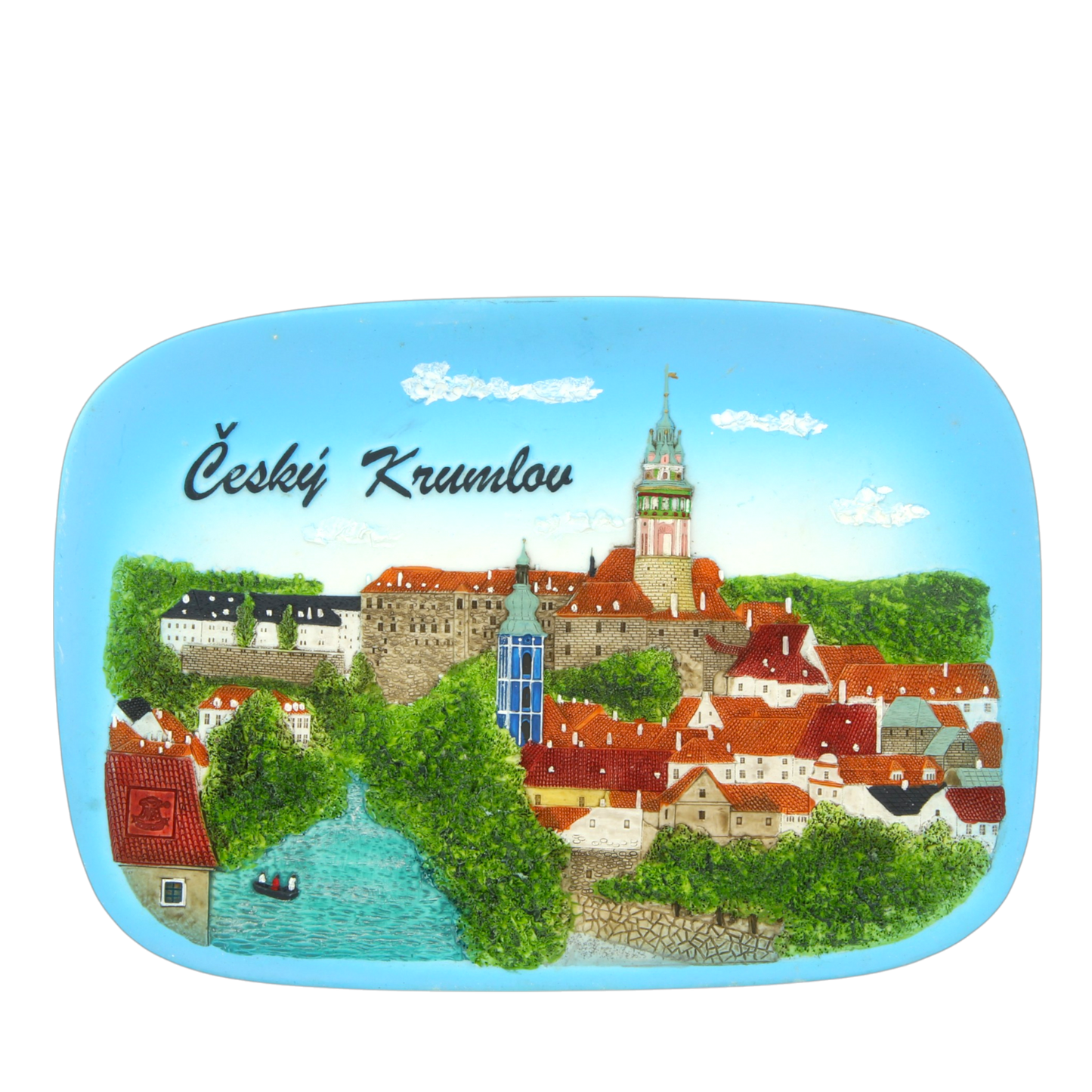 Ceramic tile depicting Český Krumlov town in vibrant colors – Prague Judaica. - Daily - Prague Judaica