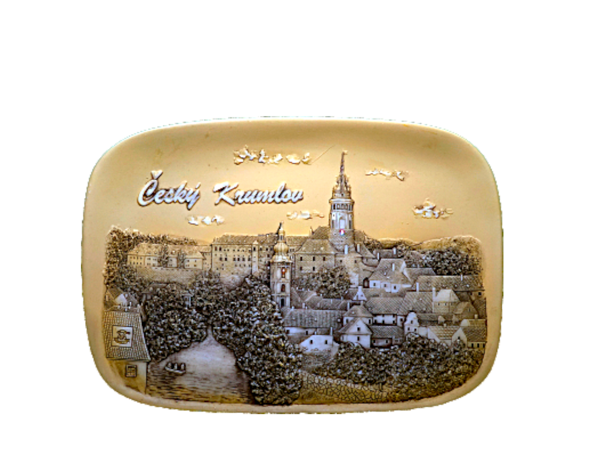 Rectangular ceramic tile with rounded edges featuring a sepia-tone detailed illustration of Český Krumlov town, including. - Daily - Prague Judaica
