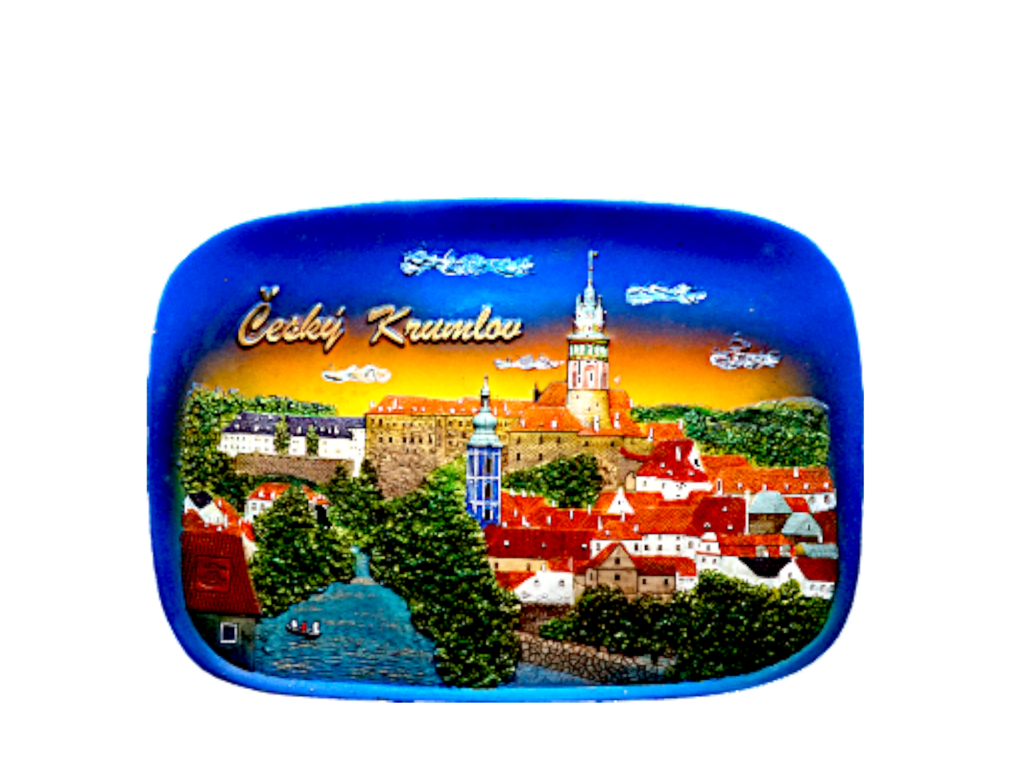 Rectangular ceramic tile with rounded edges featuring a colorful, detailed illustration of Český Krumlov town during sunset, - Daily - Prague Judaica