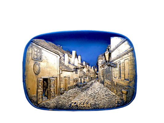 Ceramic tile with Golden Lane relief in blue and gold glaze – Prague Judaica. - Daily - Prague Judaica