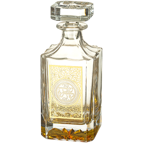 Crystal wine bottle with gold metal plaque featuring menorah design – Prague Judaica. - Default Title - Prague Judaica