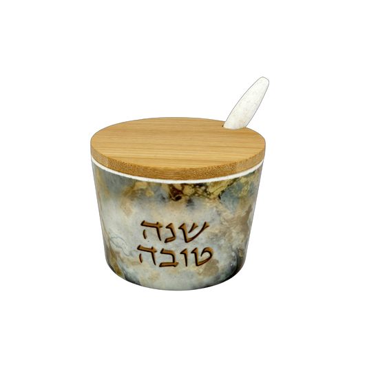 Bamboo Honey Dish "Shana Tovah" - Blue Marble