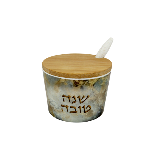 Bamboo Honey Dish "Shana Tovah" - Blue Marble