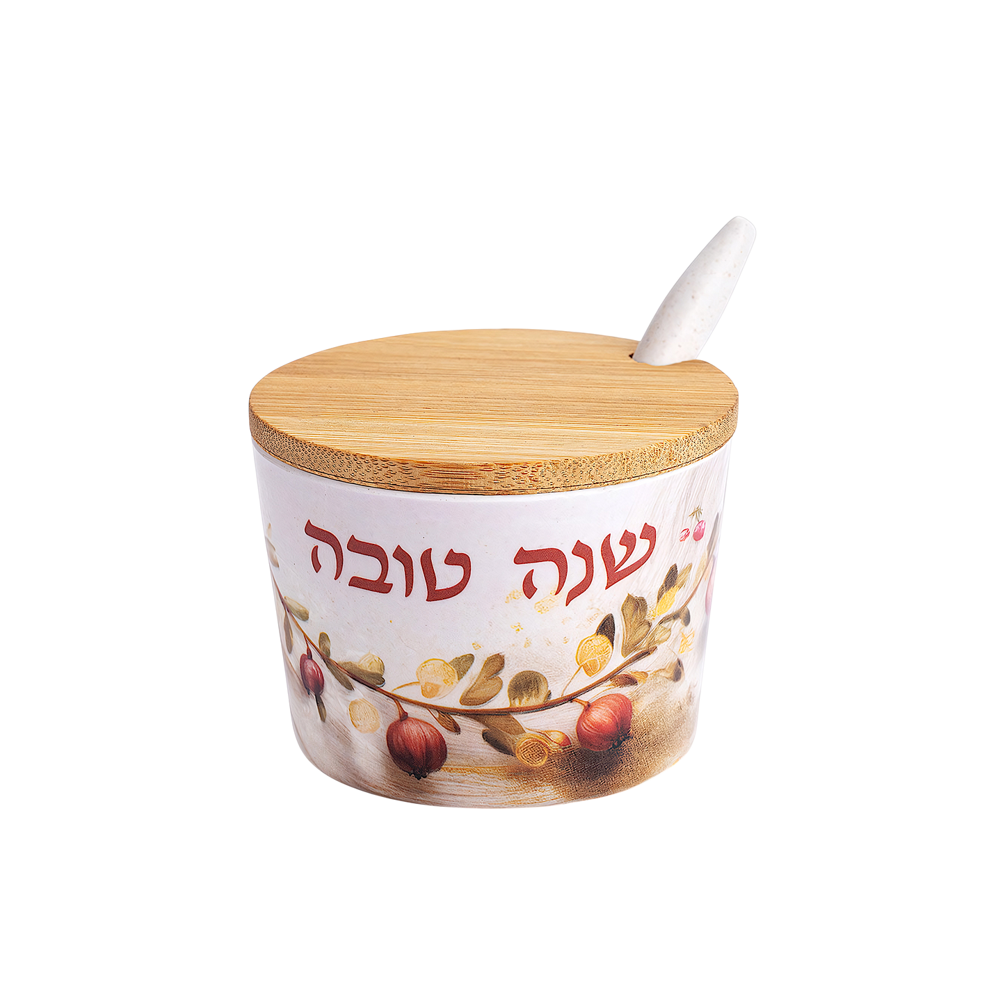 Bamboo Honey Dish "Shana Tovah" - Rustic Pomegranate