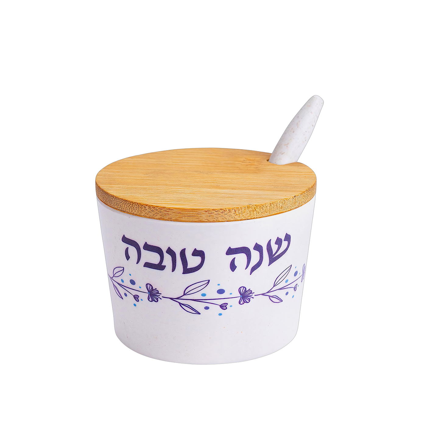 Bamboo Honey Dish "Shana Tovah" - Blue Flowers