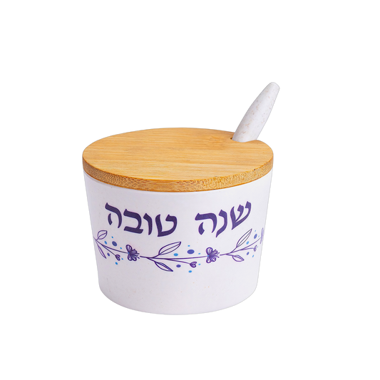 Bamboo Honey Dish "Shana Tovah" - Blue Flowers