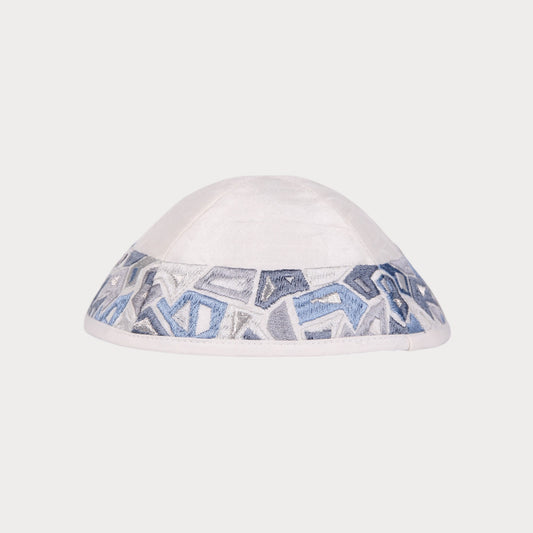 Kippah Emanuel - Embroidered - Geometric shapes - Grey - Blue