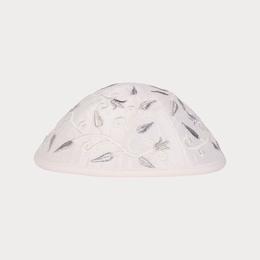 Kippah Emanuel - Embroidered - Flowers and leaves - White - Silver