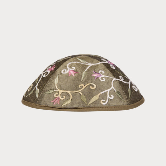 Kippah Emanuel - Embroidered - Flowers and leaves - Green - Brown
