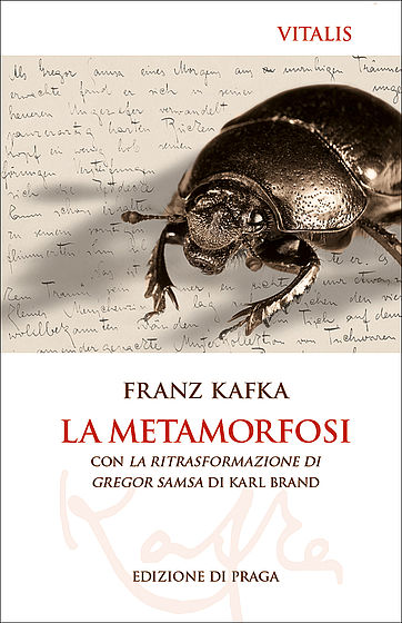 Book cover of "La Metamorfosi" by Franz Kafka featuring a close-up of a detailed brown beetle against a background of. - Czech - Prague Judaica